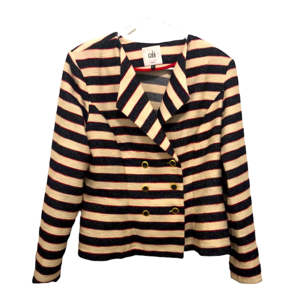 CAbi Striped Double-Breasted Blazer in Navy and Cream